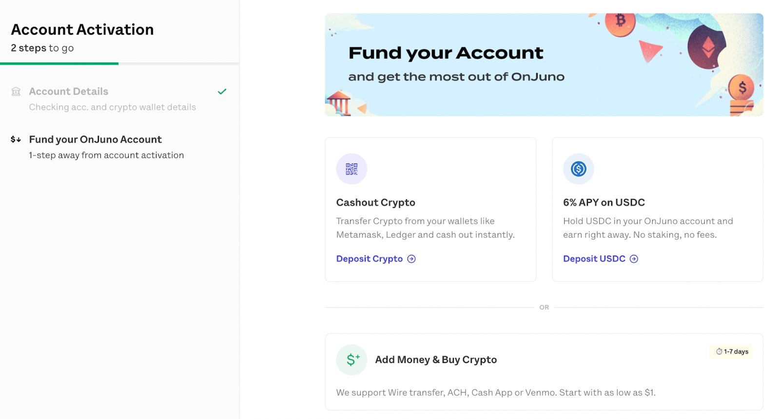 Account funding options include U.S. dollars, USDC, BTC and ETH.