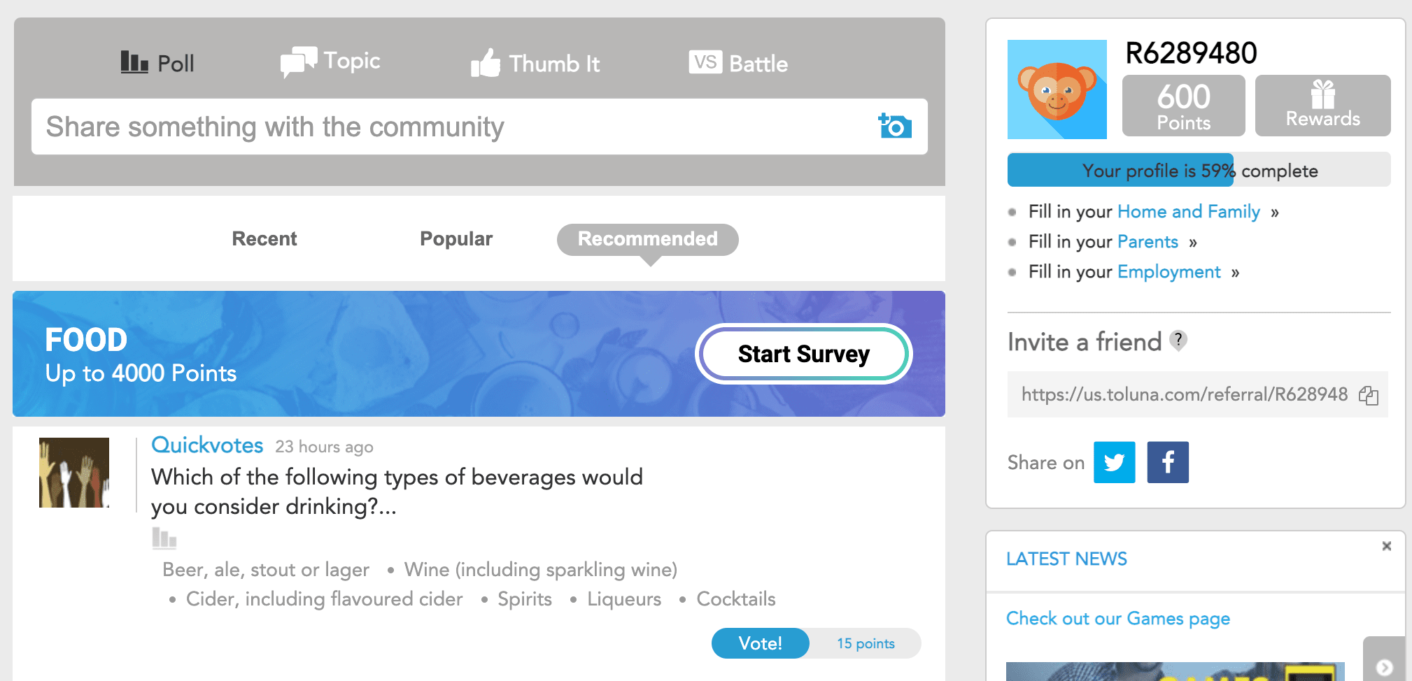 Screenshot of Toluna's community section.