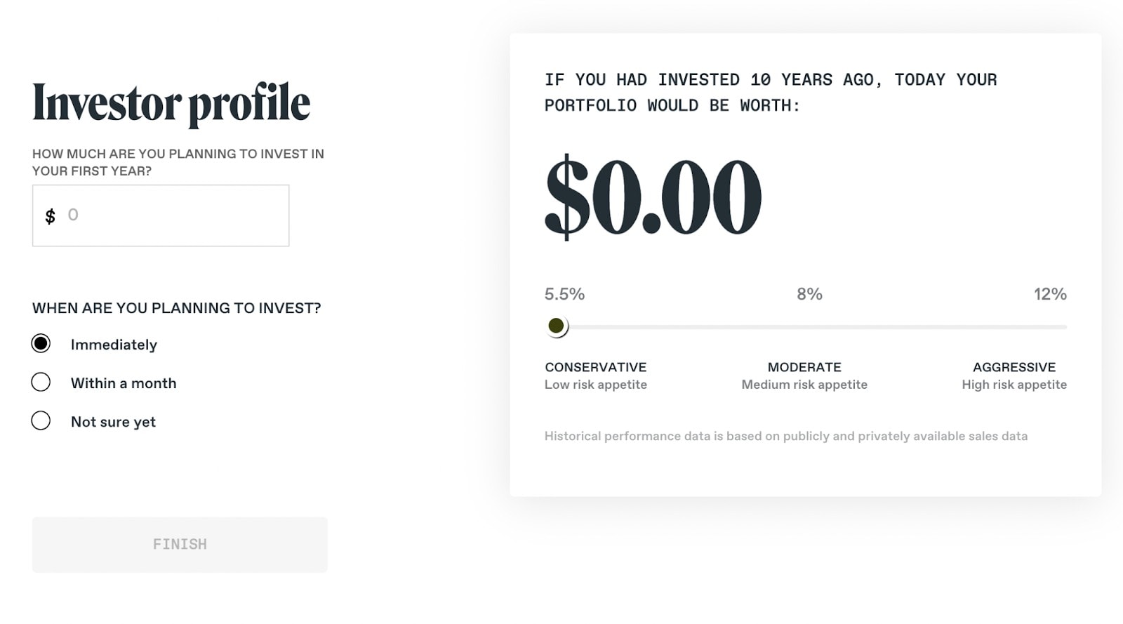 You can choose between a conservative, balanced, or aggressive portfolio with Vinovest.