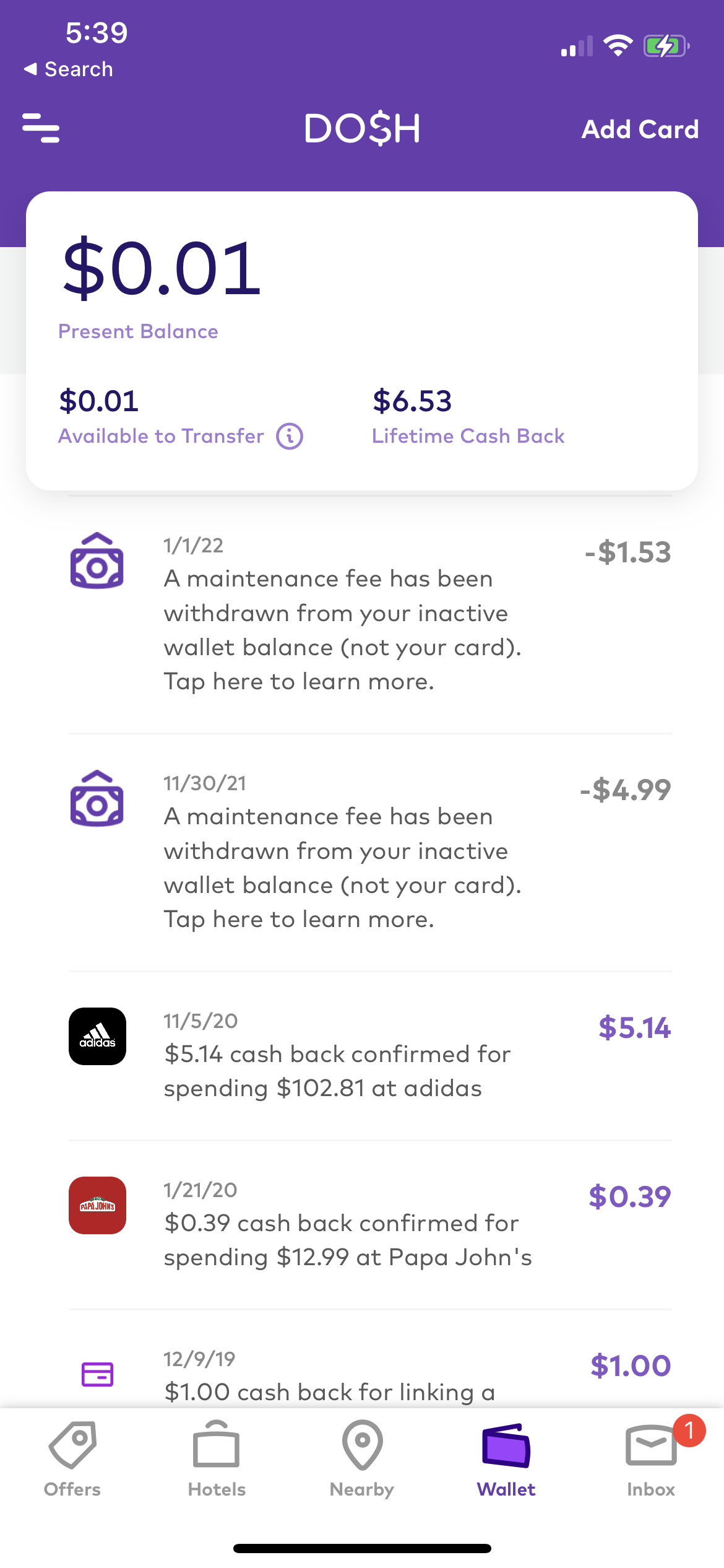 The debits of $4.99 and $1.53 completely wiped out our editor's account balance.