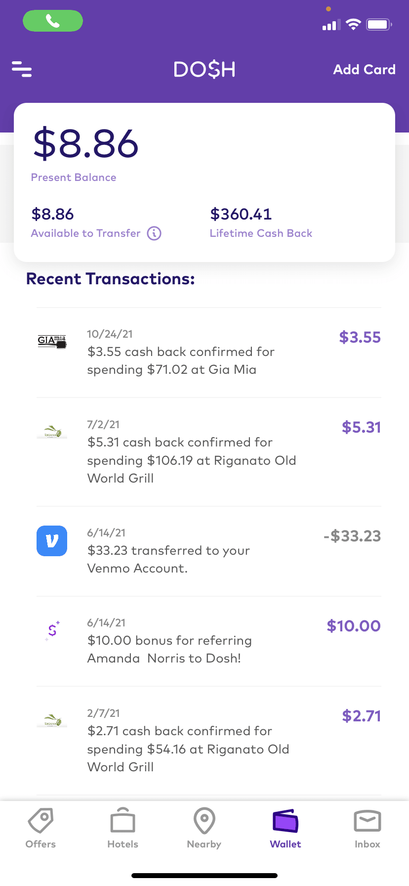 Our senior editor's lifetime Dosh cash-back (and some recent transactions).