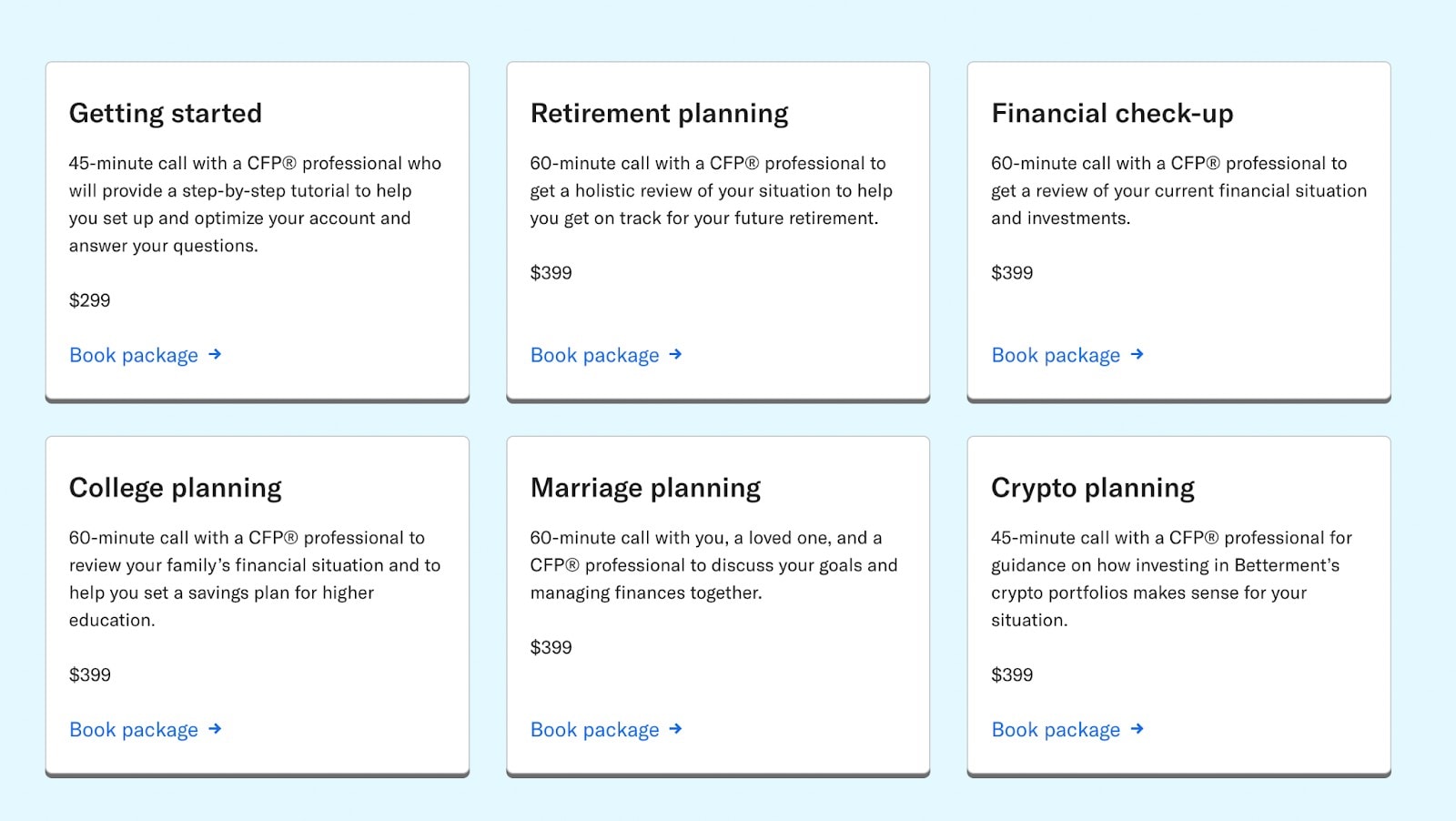 Types of financial planning services available with Betterment on an a la carte basis.