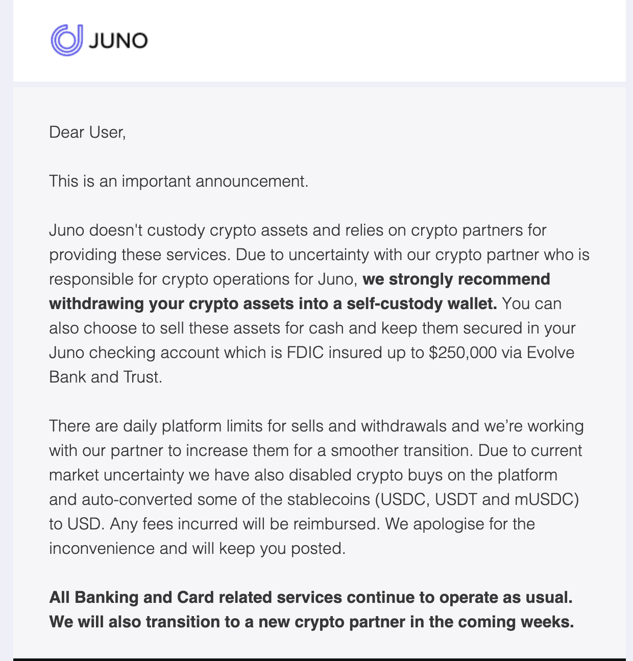 Email sent to current account holders of Juno regarding the change.