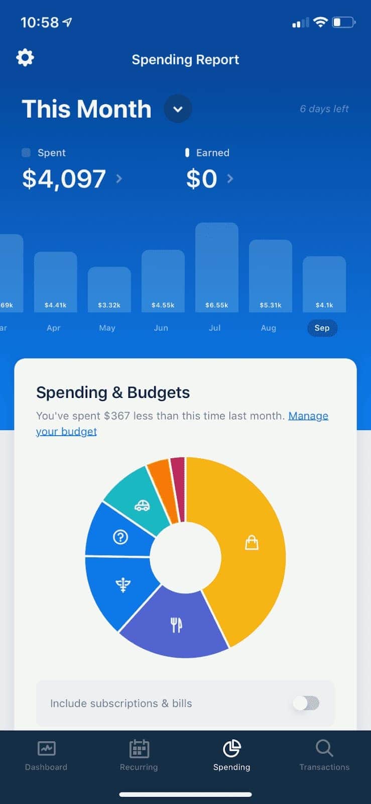 The Rocket Money budgeting dashboard.