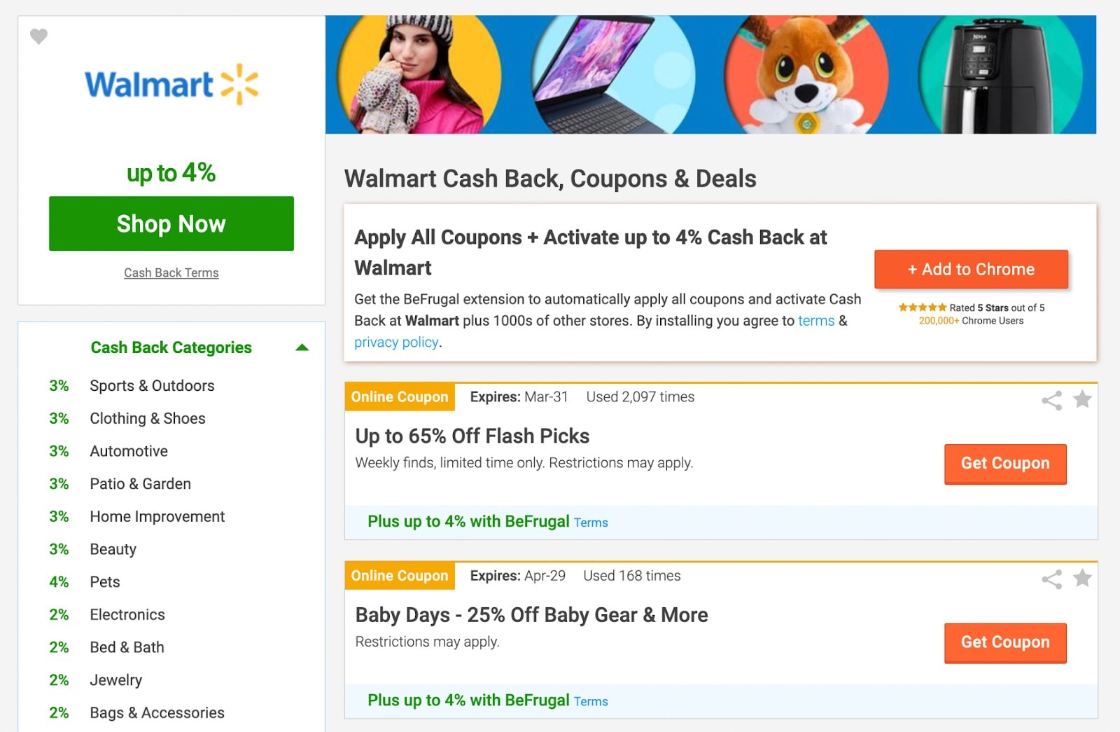 BeFrugal example of category based cash-back breakdown.
