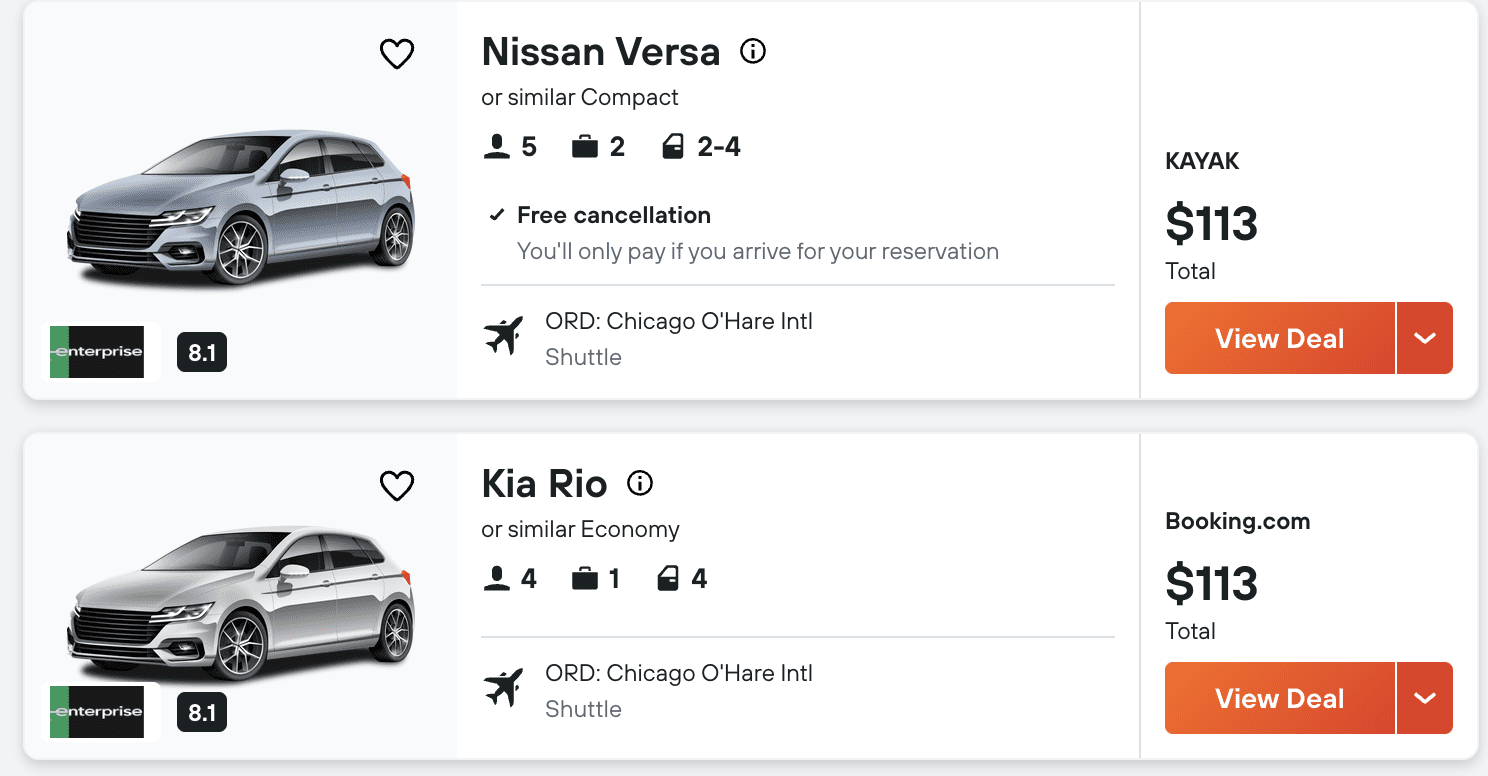 Rental prices through Kayak.