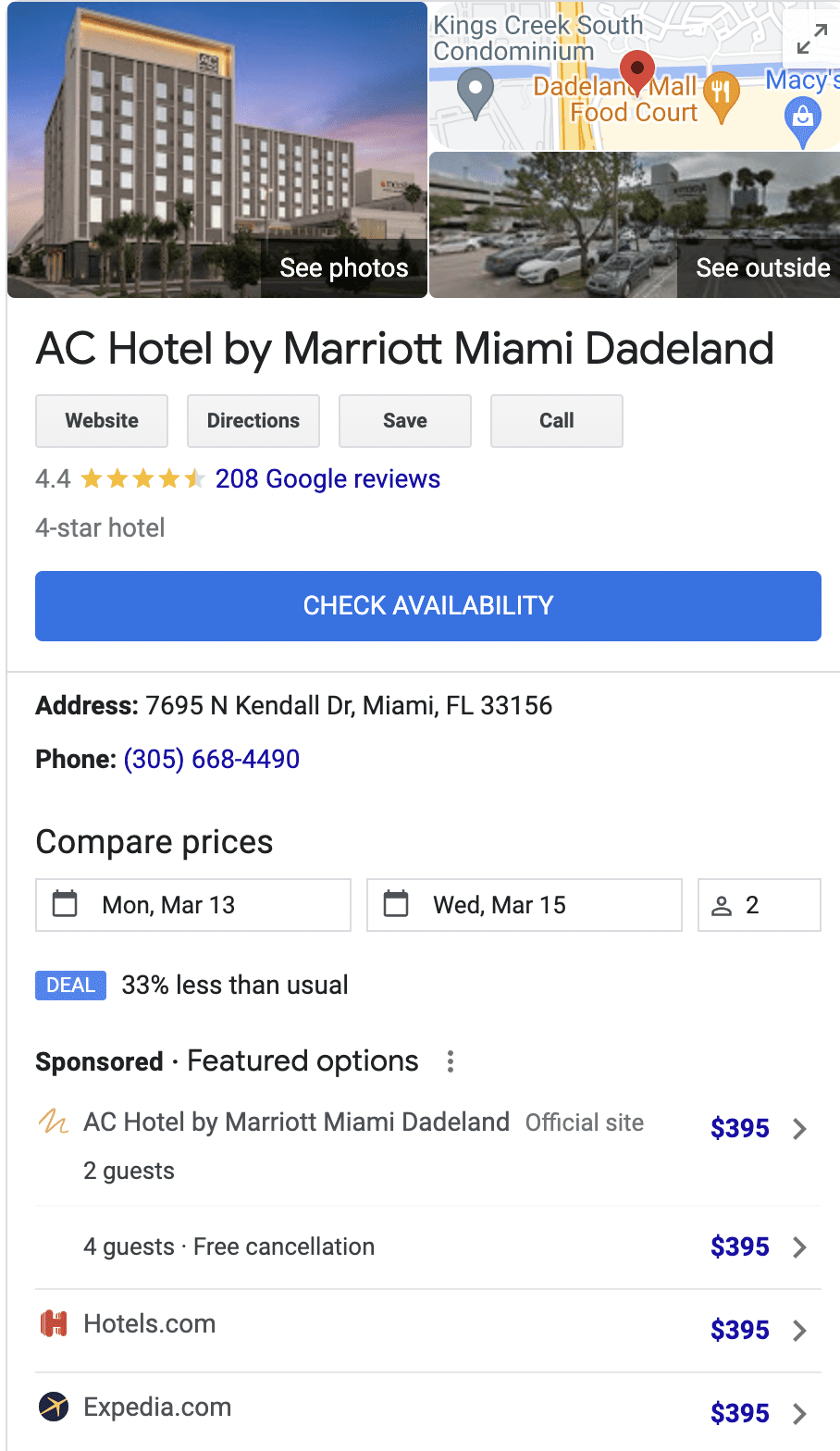 Capital One Business Deals Florida Hotel example - regular price.