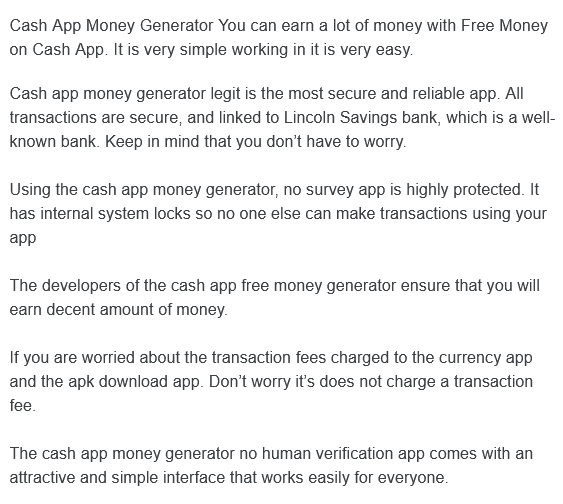 Example text from the description of a Cash App generator scam.