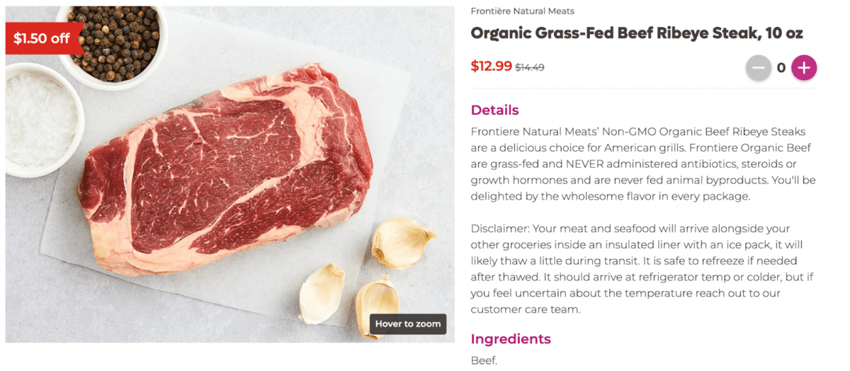 Imperfect Foods Grass-Fed Ribeye Pricing Example