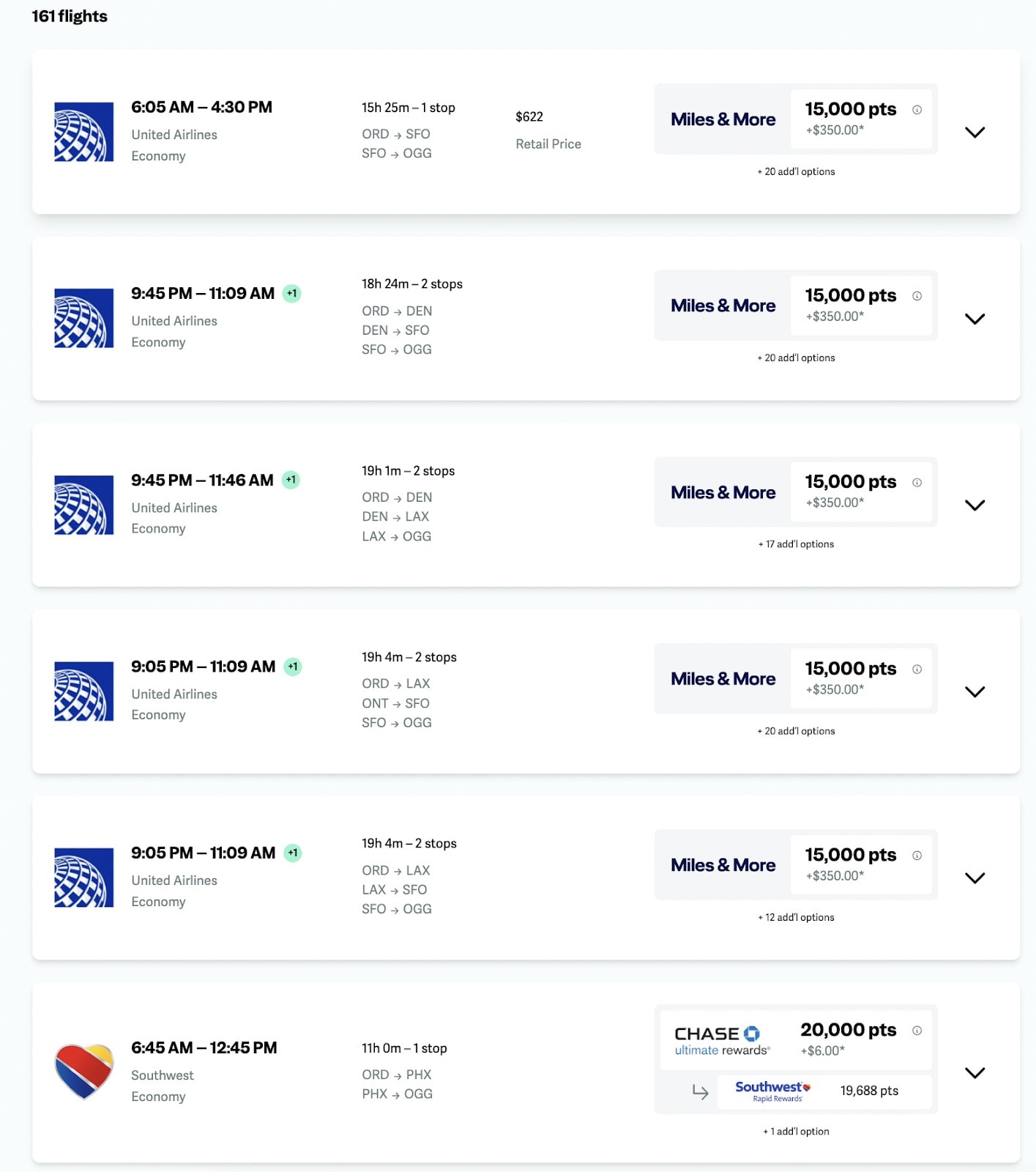 Points.me award flights options list