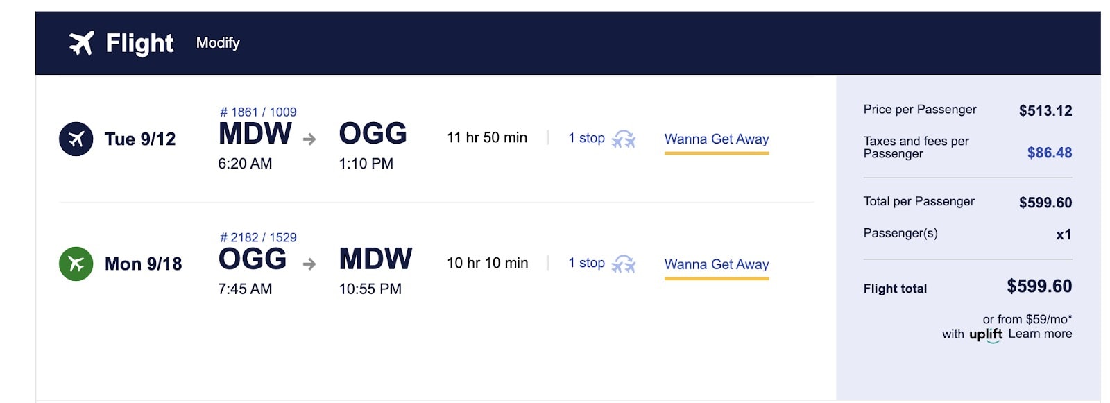 Southwest Airlines Flight Example List