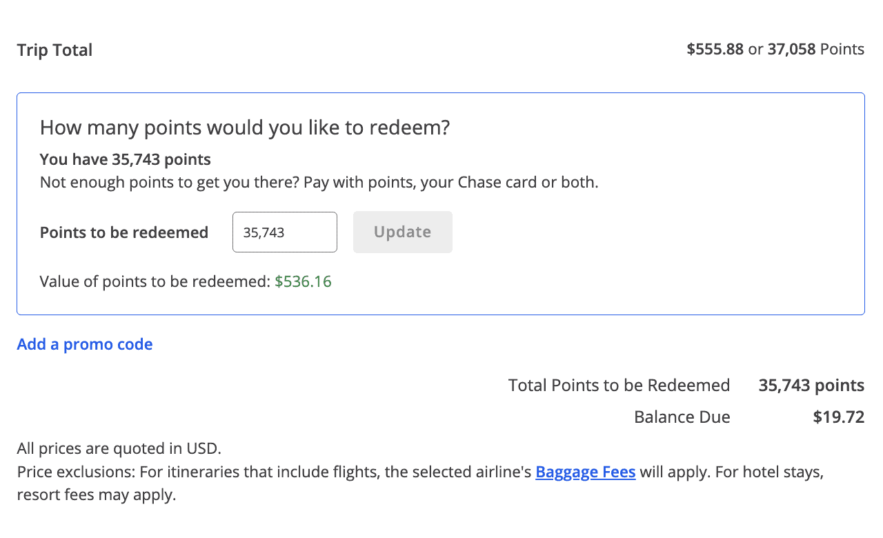 Example of redeeming points for travel
