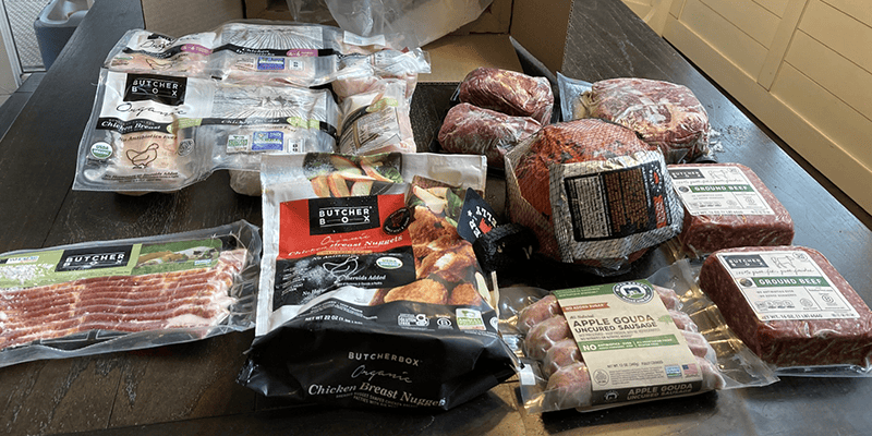 The contents of the ButcherBox shipment we tested for our review. 