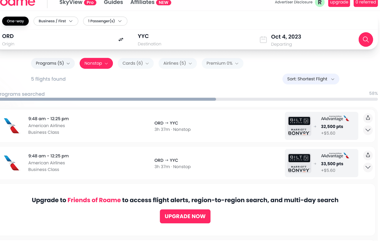 Roame.Travel's homepage, emphasizing its fast search capabilities and user-friendly design for award flight search.