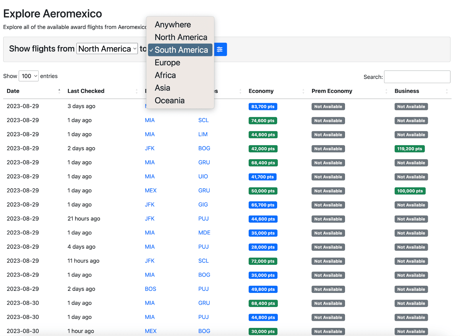 Seats.aero's interface, displaying its unique regional search feature for finding premium international awards.