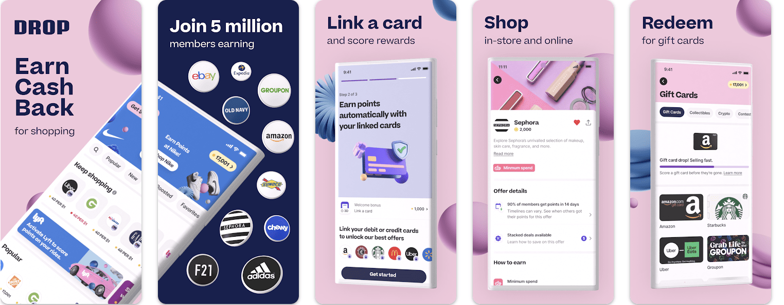 Drop Rewards app screenshots.