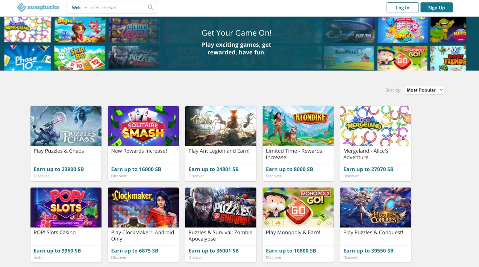 Swagbucks games screnshot.