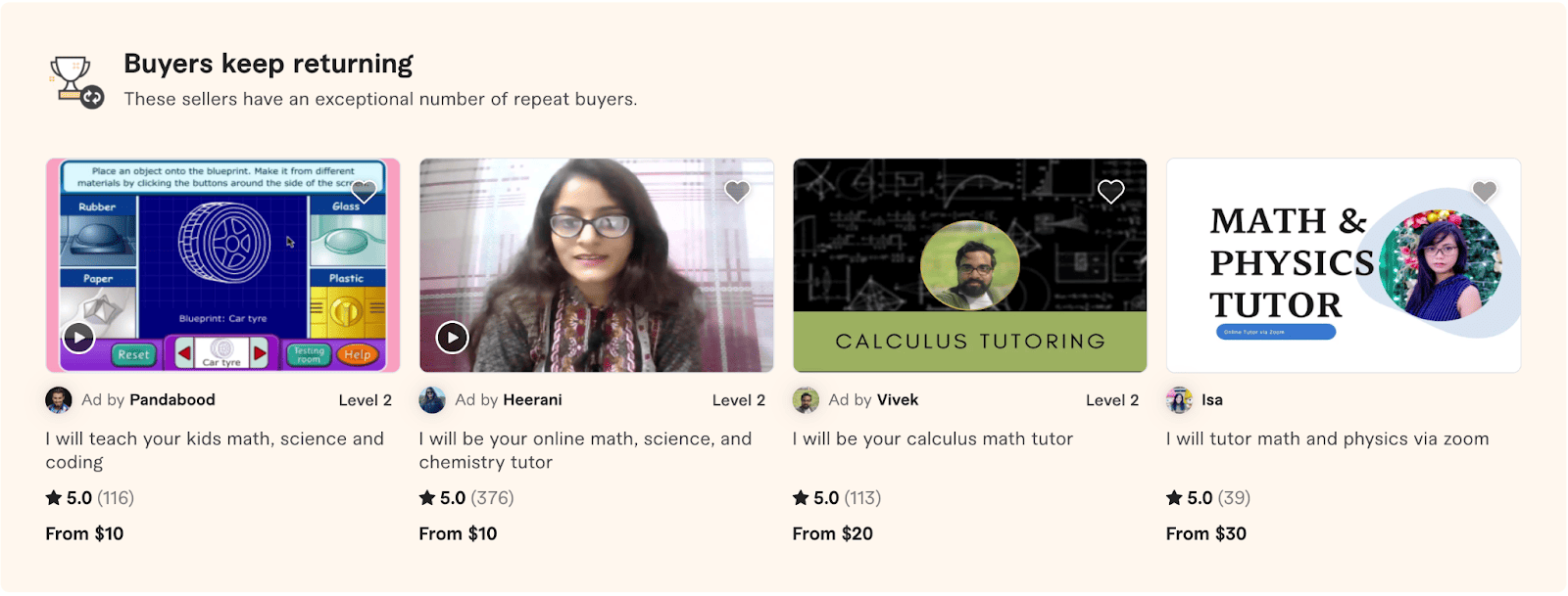 Some of the popular tutoring services on Fiverr.