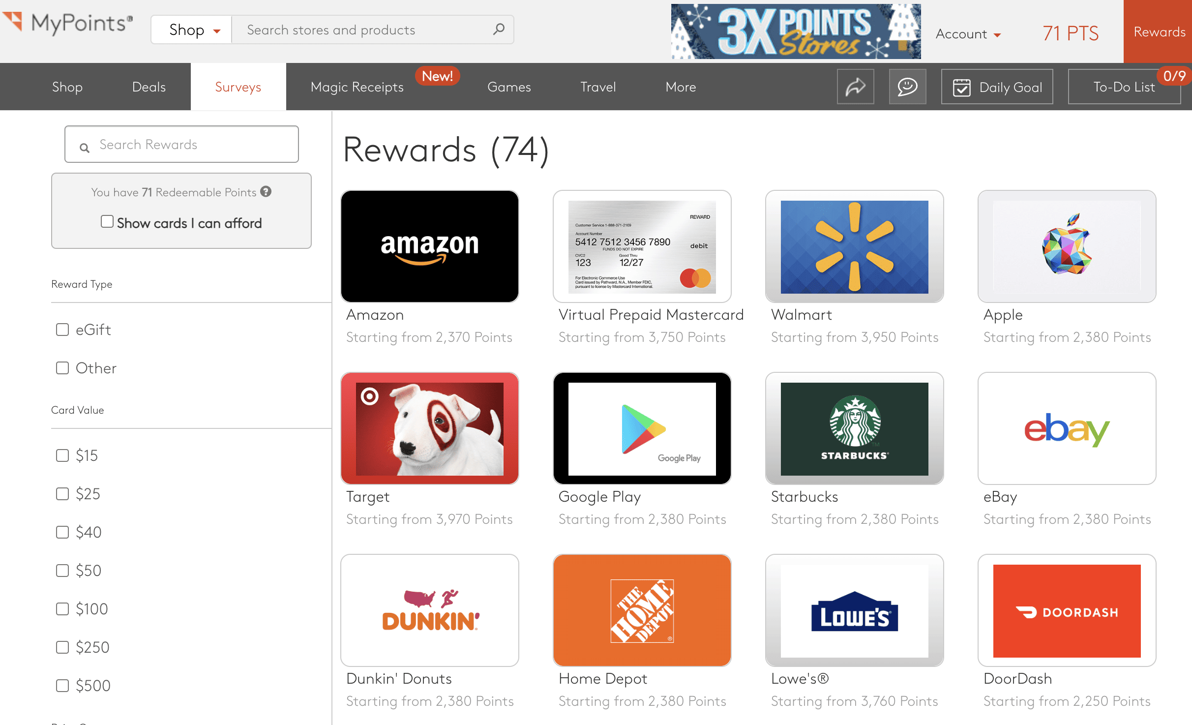 A screenshot showing the various MyPoints rewards options.