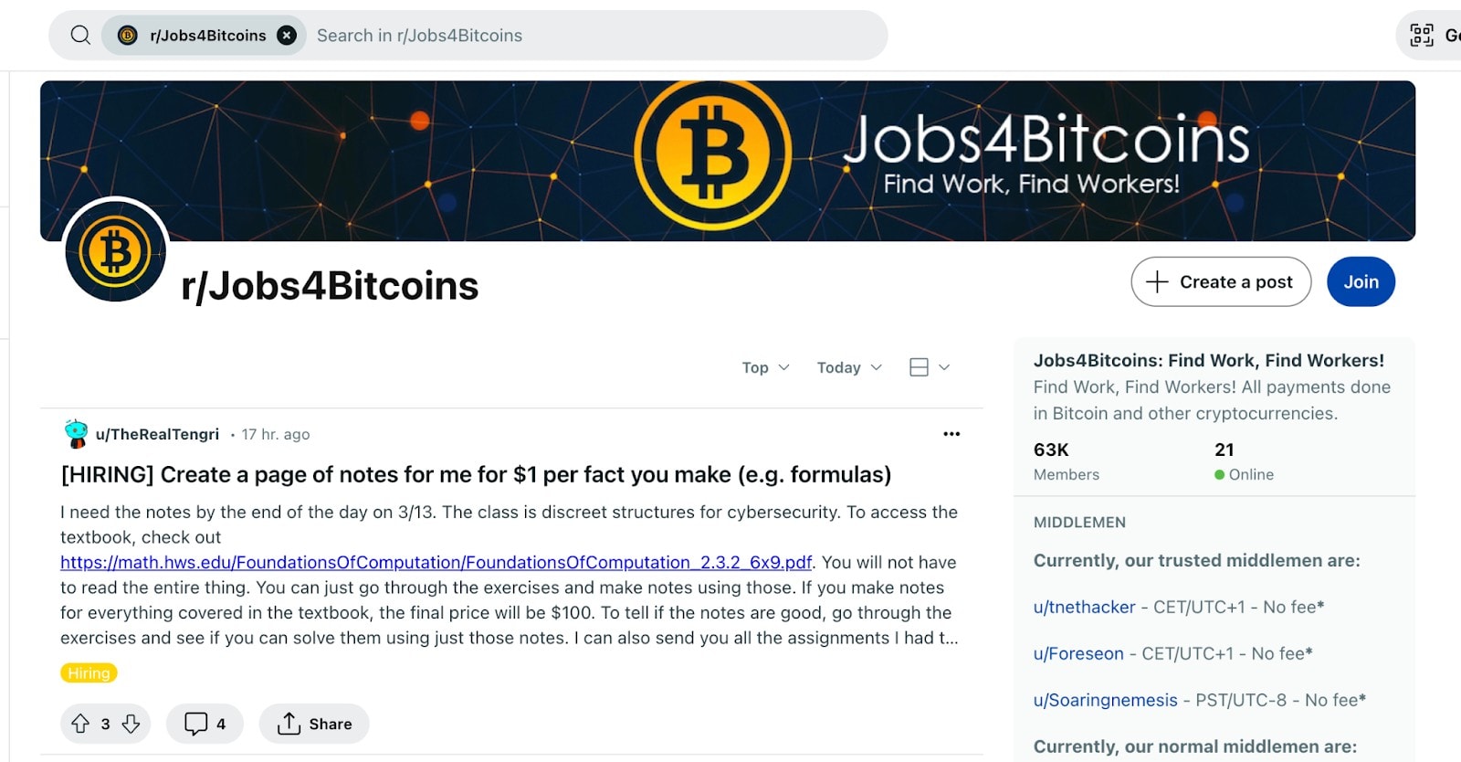Screenshot of the Jobs4Bitcoins subreddit.