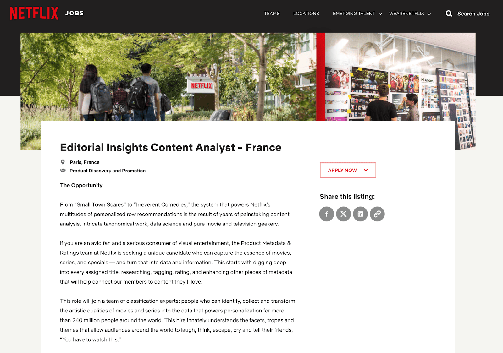 Example of a Netflix tagger job listing