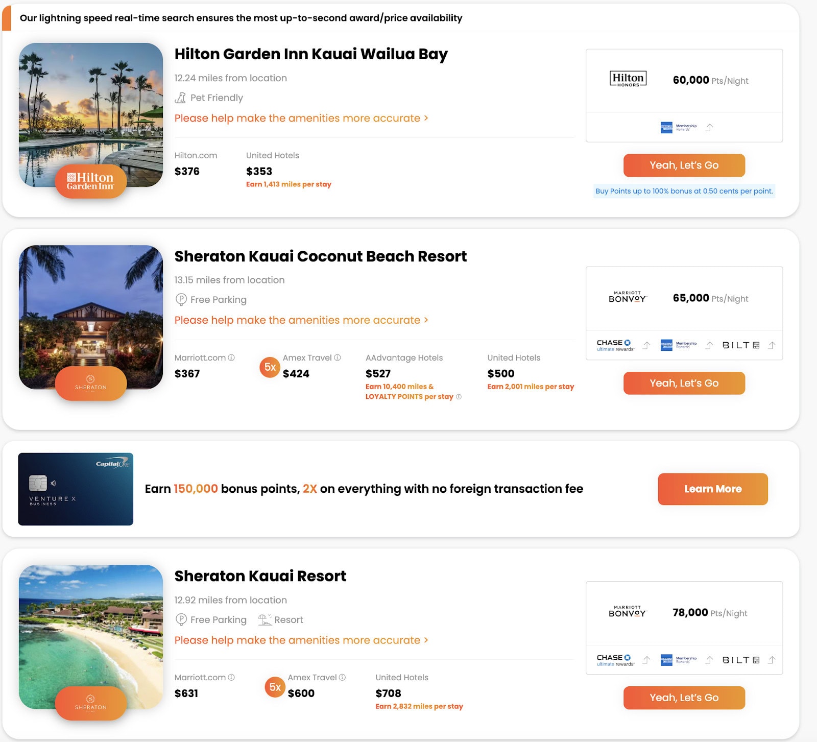 PointsYeah Hotel Search Screenshot