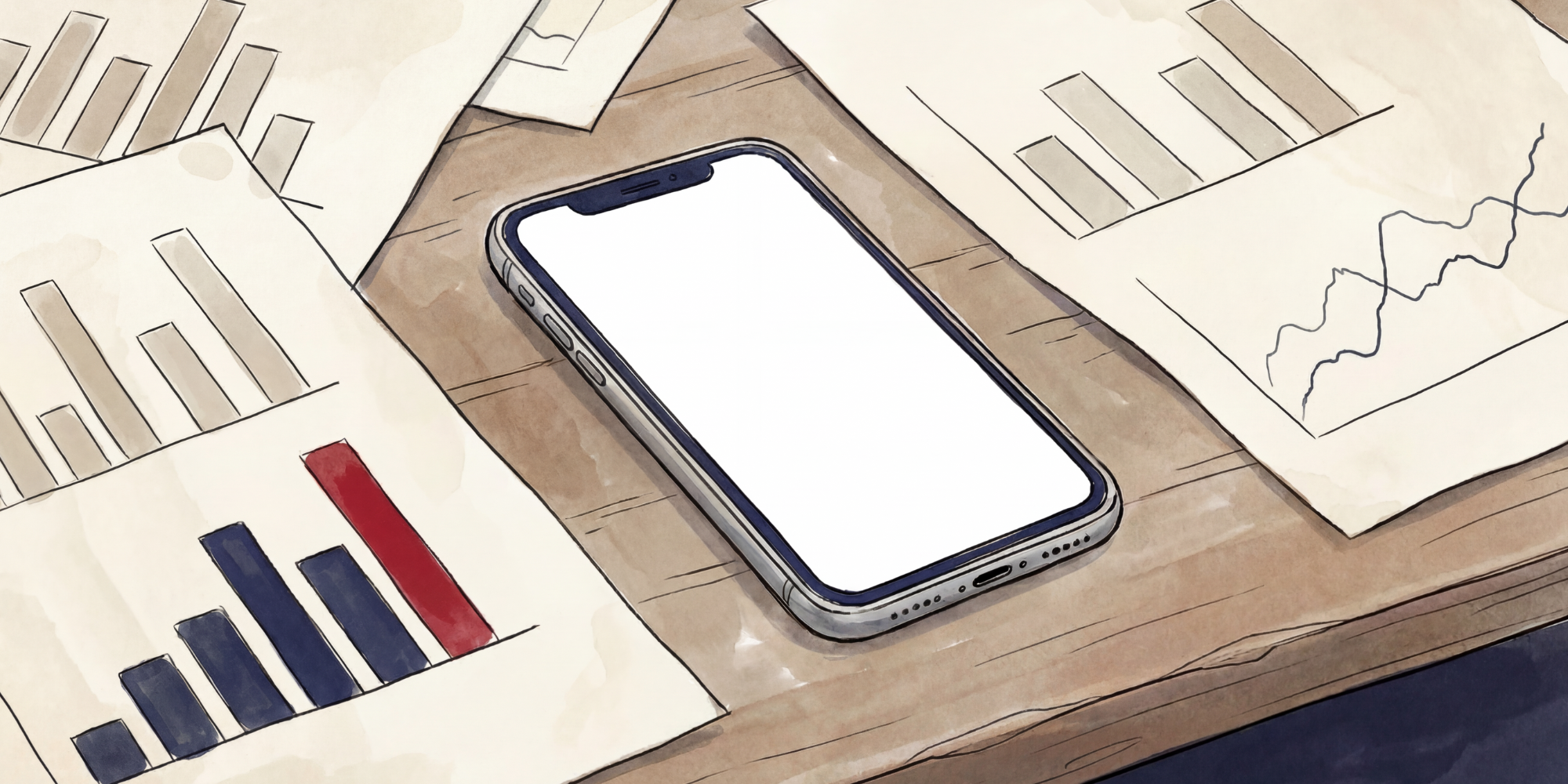 Editorial-style illustration of a smartphone on a wooden desk surrounded by papers showing abstract bar charts and line graphs.
