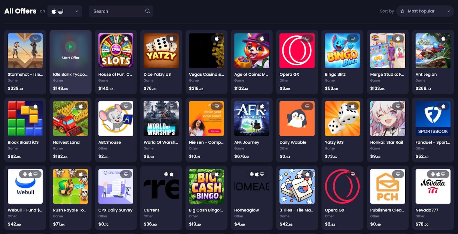 Navigating directly to freecash.com/offers allowed me to bypass the restrictive user flow and see all the available offers without downloading certain gaming apps.