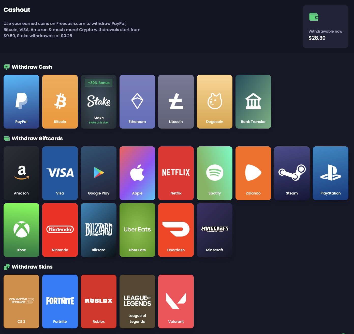 Freecash gift card options
