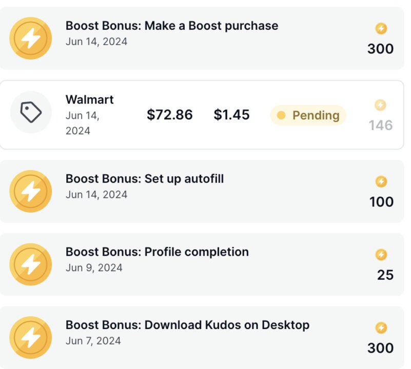 The results of my first purchase using Kudos, along with extra points I earned for completing tasks after downloading the extension.